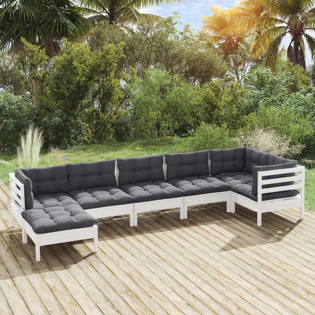 7 Piece Garden Lounge Set with Cushions White Solid Pinewood - Newstart Furniture