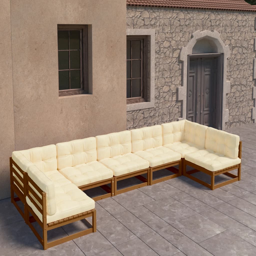 7 Piece Garden Lounge Set&Cushions Honey Brown Solid Pinewood - Newstart Furniture