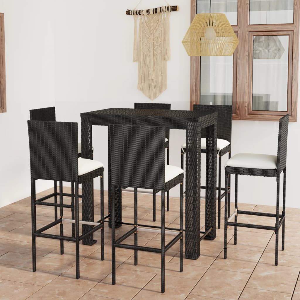 7 Piece Outdoor Bar Set with Cushions Poly Rattan Black - Newstart Furniture