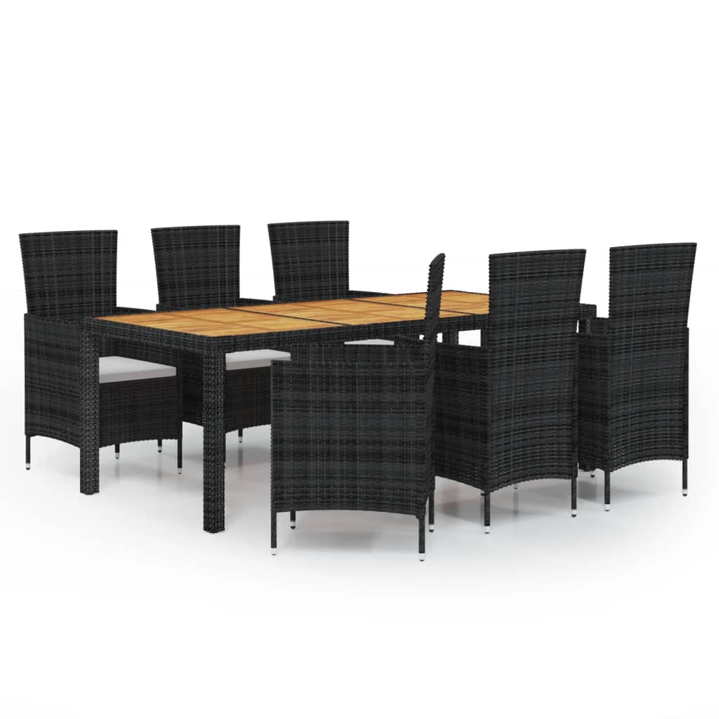 7 Piece Outdoor Dining Set with Cushions Poly Rattan Black - Newstart Furniture