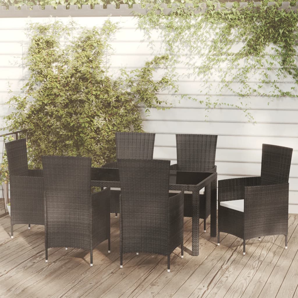 7 Piece Outdoor Dining Set with Cushions Poly Rattan Black - Newstart Furniture