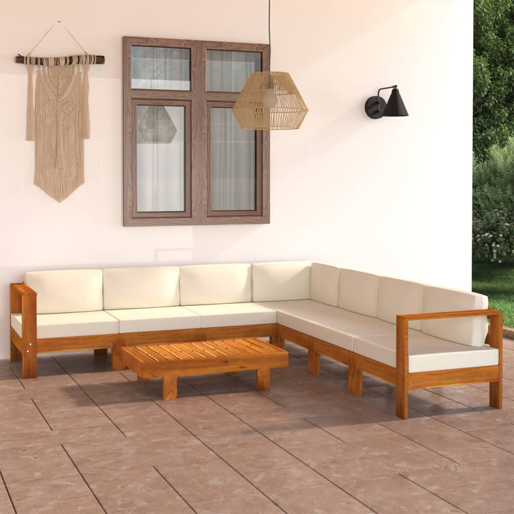 8 Piece Garden Lounge Set with Cream White Cushions Acacia Wood - Newstart Furniture