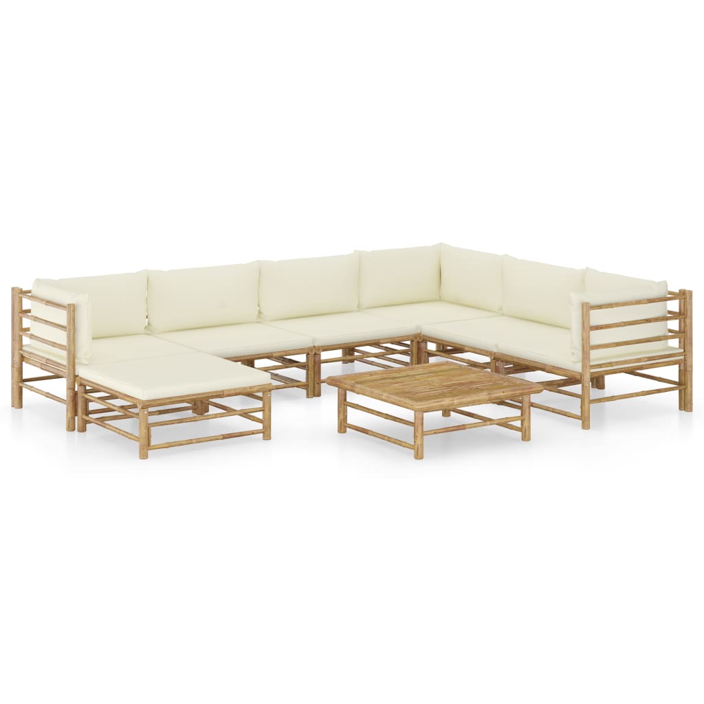 8 Piece Garden Lounge Set with Cream White Cushions Bamboo - Newstart Furniture