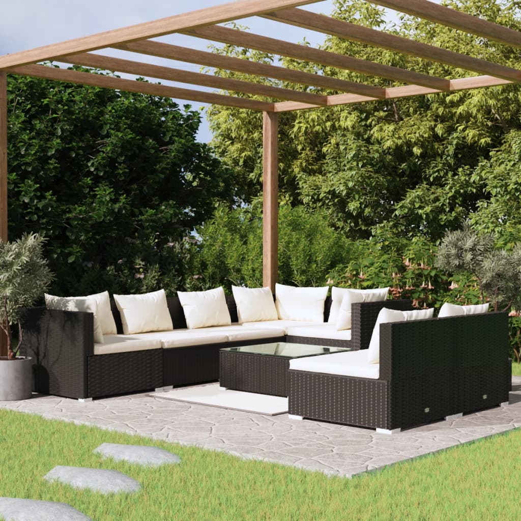 8 Piece Garden Lounge Set with Cushions Black Poly Rattan - Newstart Furniture