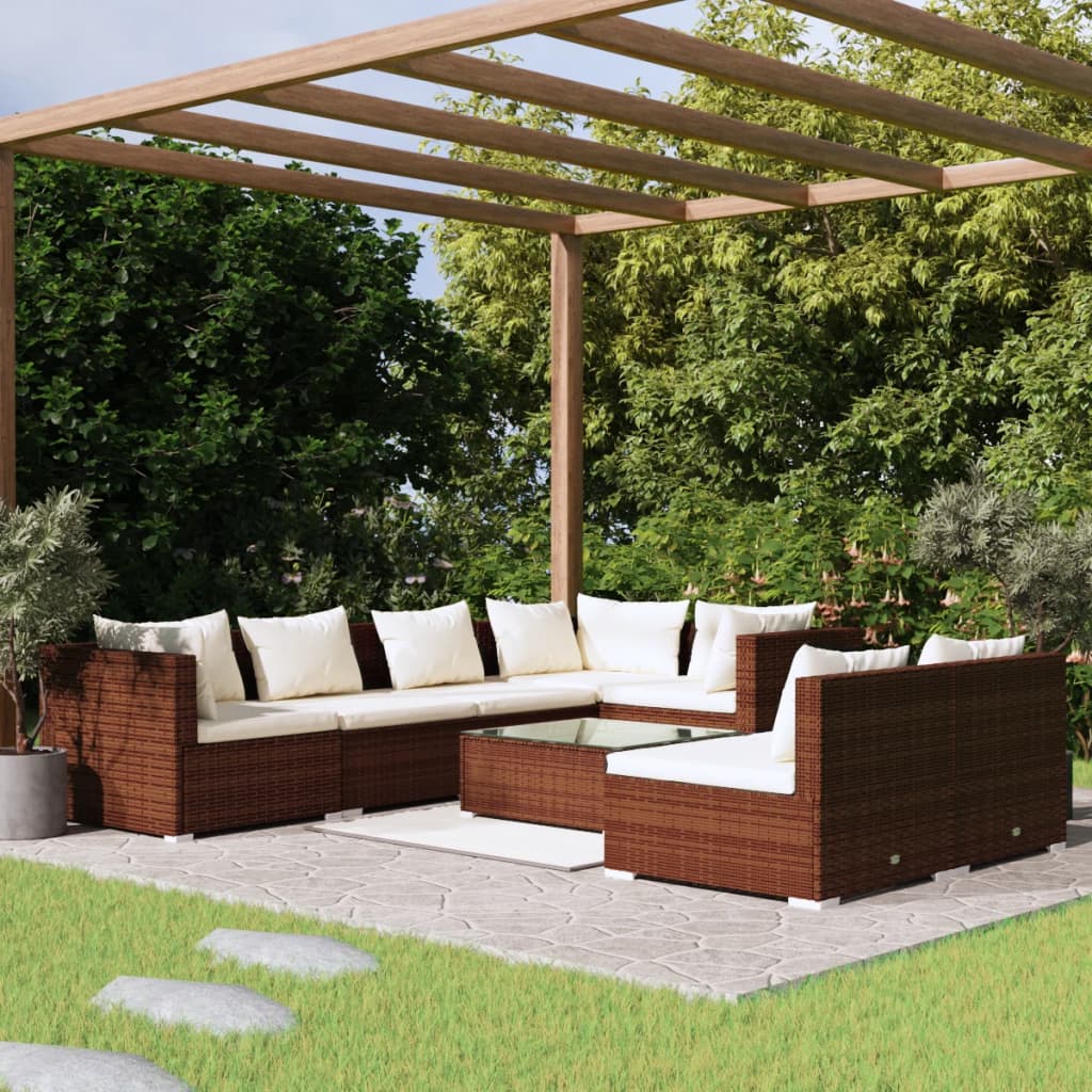 8 Piece Garden Lounge Set with Cushions Brown Poly Rattan - Newstart Furniture