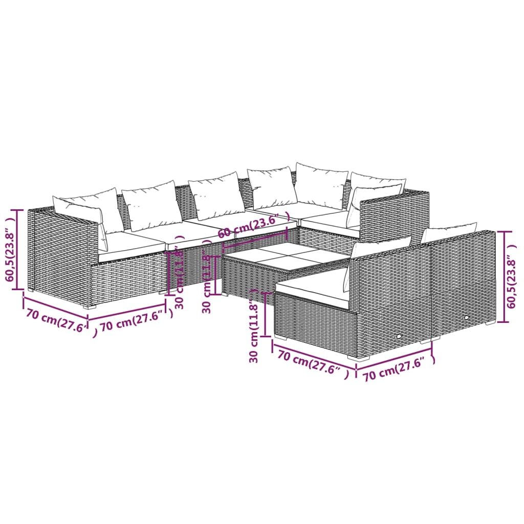 8 Piece Garden Lounge Set with Cushions Brown Poly Rattan - Newstart Furniture