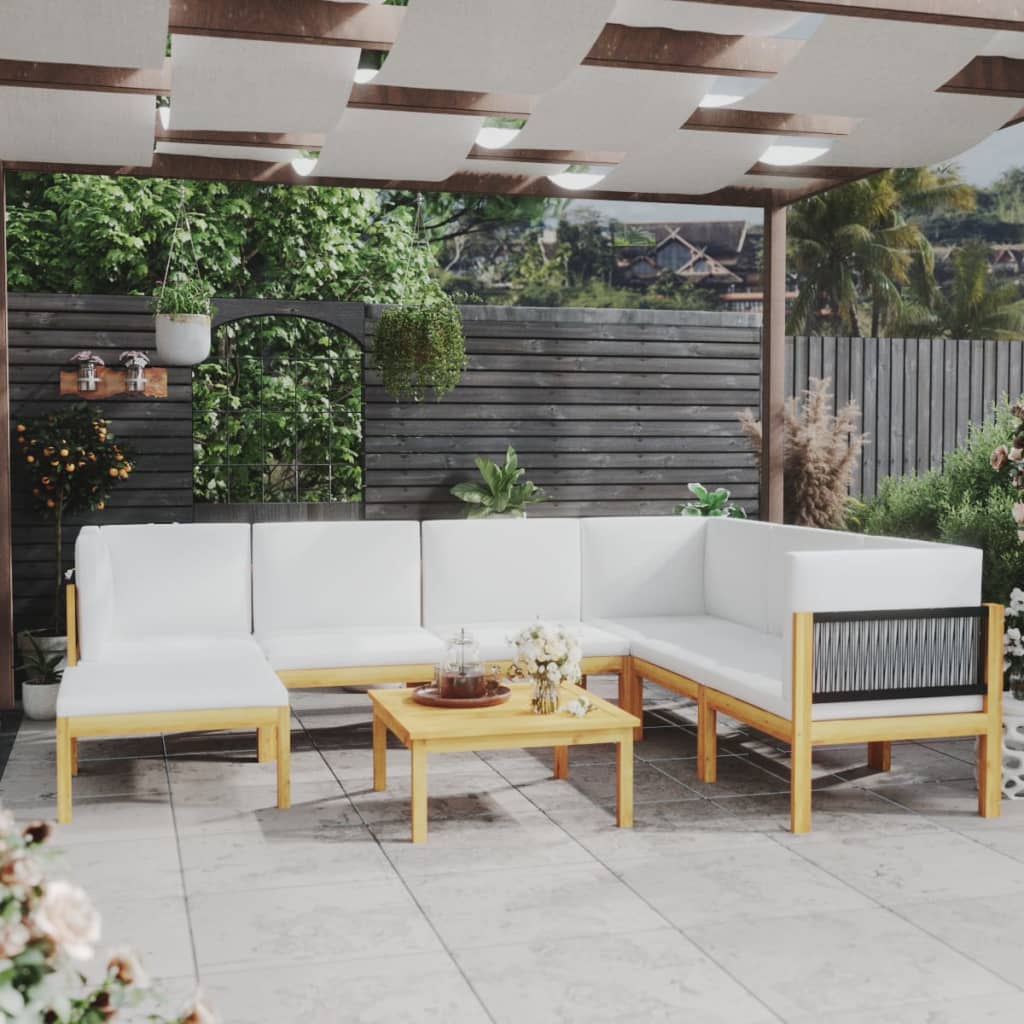 8 Piece Garden Lounge Set with Cushions Cream Solid Acacia Wood - Newstart Furniture