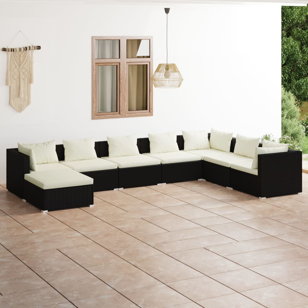 8 Piece Garden Lounge Set with Cushions Poly Rattan Black - Newstart Furniture