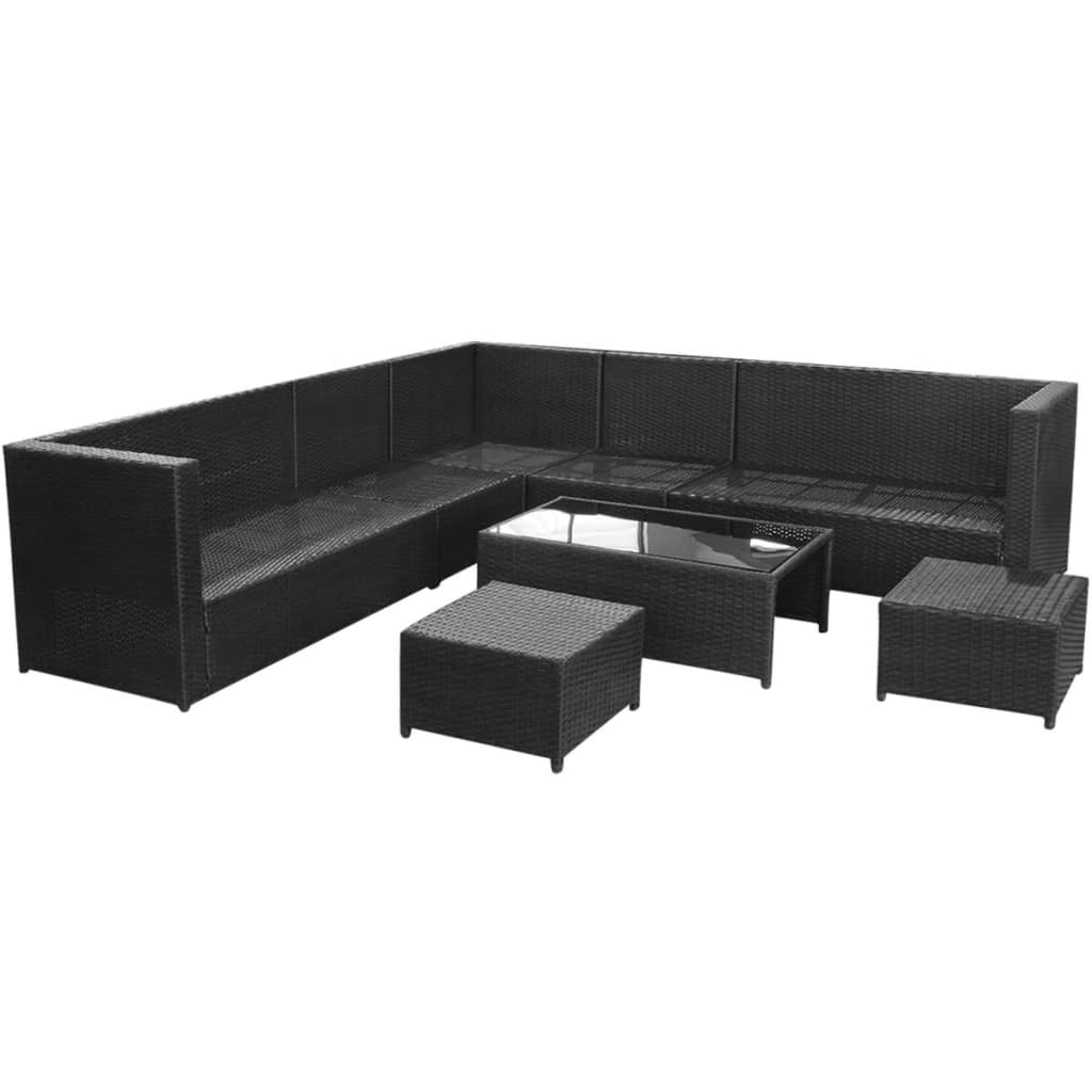 8 Piece Garden Lounge Set with Cushions Poly Rattan Black - Newstart Furniture