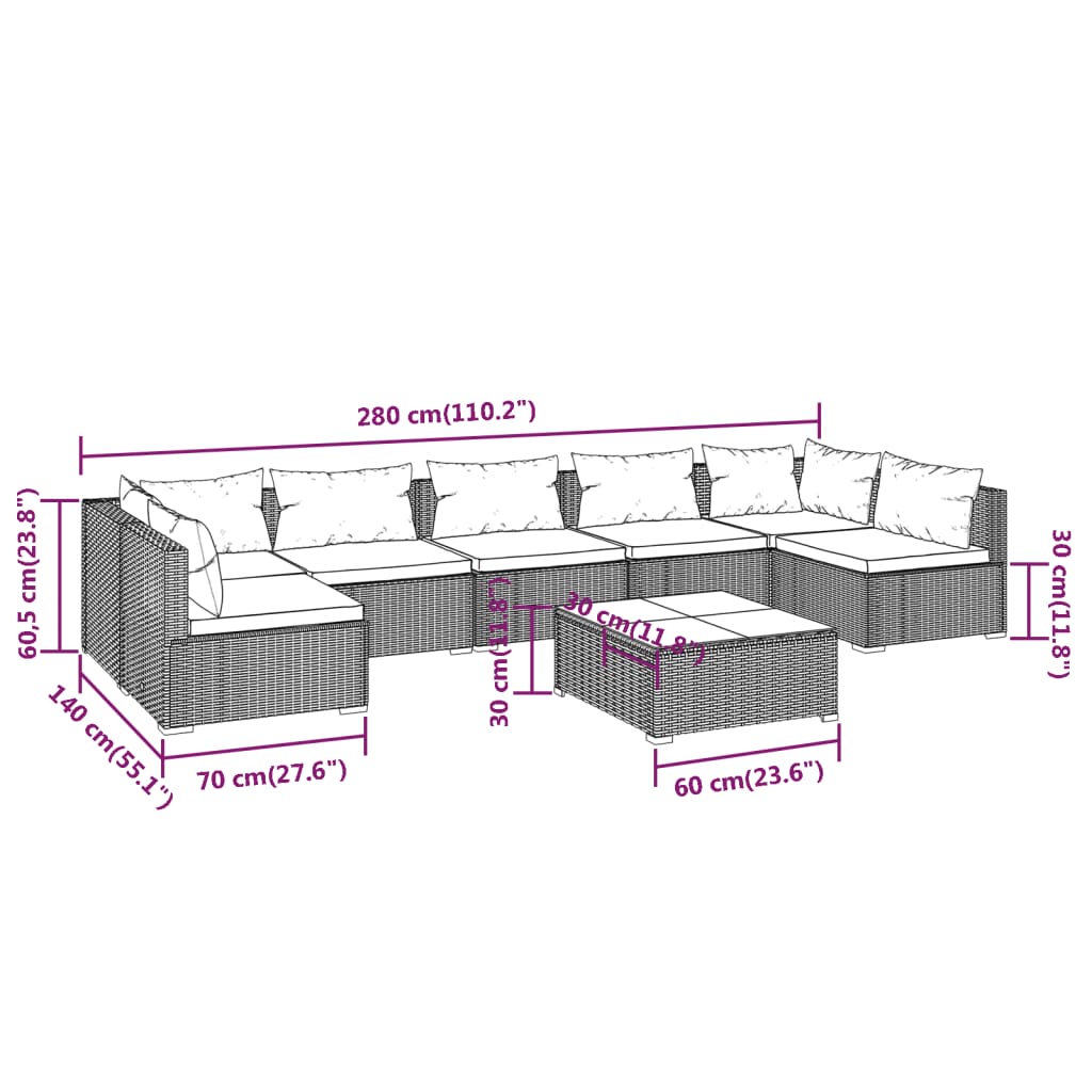 8 Piece Garden Lounge Set with Cushions Poly Rattan Black - Newstart Furniture