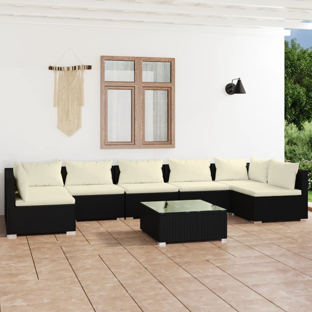 8 Piece Garden Lounge Set with Cushions Poly Rattan Black - Newstart Furniture