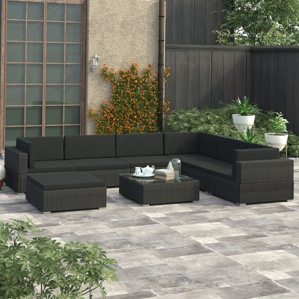 8 Piece Garden Lounge Set with Cushions Poly Rattan Black - Newstart Furniture