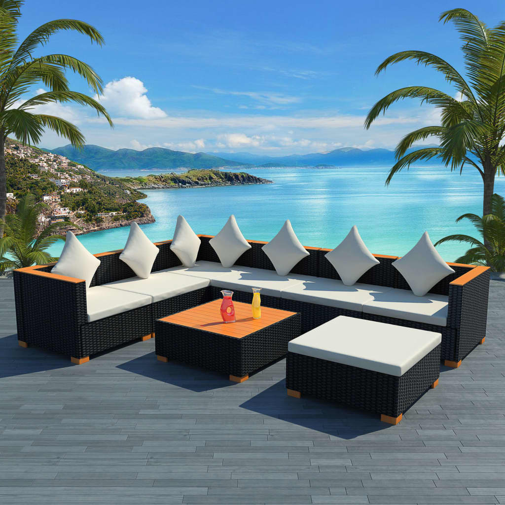 8 Piece Garden Lounge Set with Cushions Poly Rattan Black - Newstart Furniture