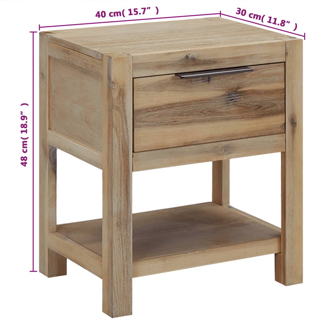 Rustic Acacia Wood Nightstand with Drawer and Shelf | 40x30x48cm