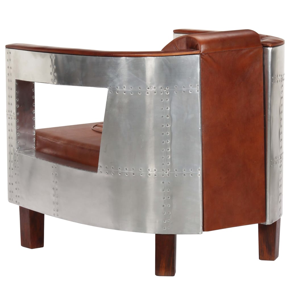 Luxurious Brown Leather Aviator Armchair with Aluminium Accents