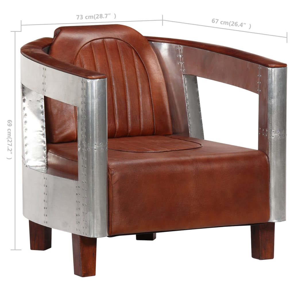 Luxurious Brown Leather Aviator Armchair with Aluminium Accents