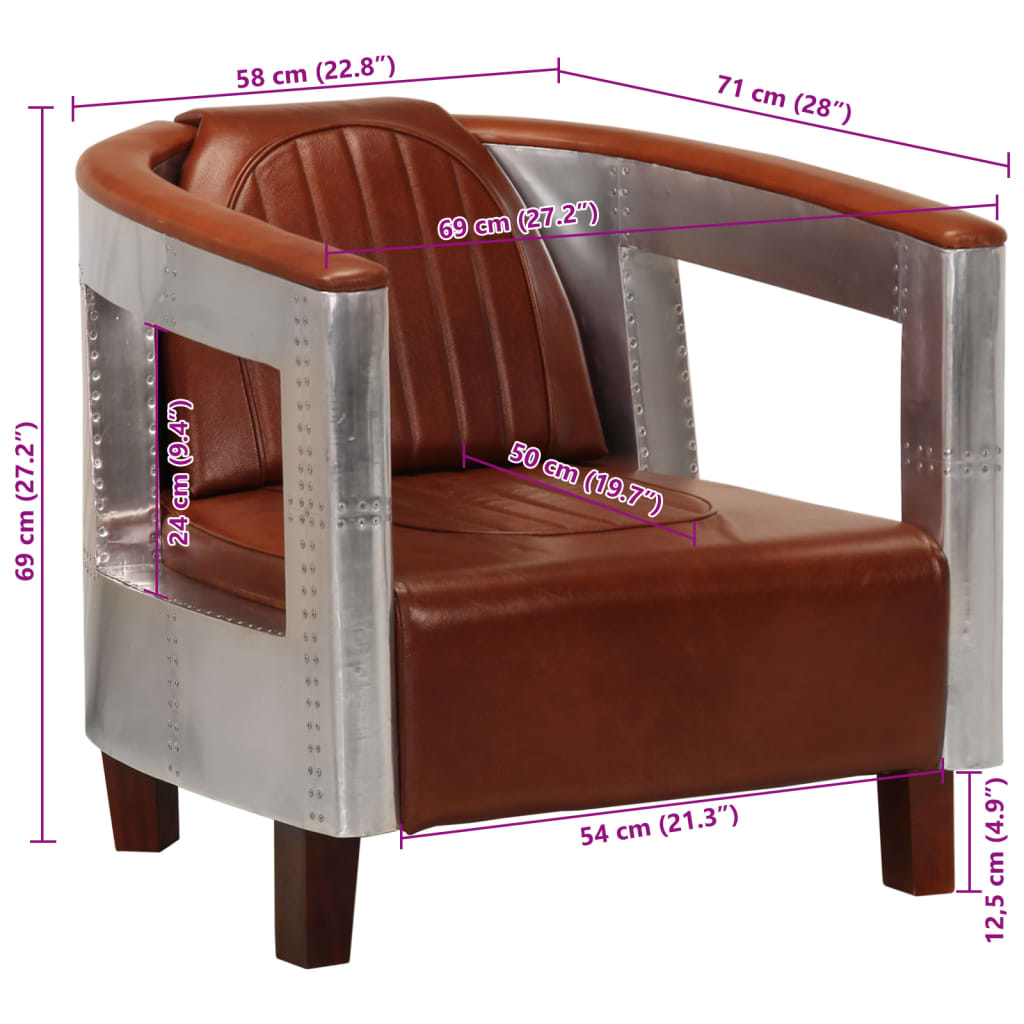 Luxurious Brown Leather Aviator Armchair with Aluminium Accents