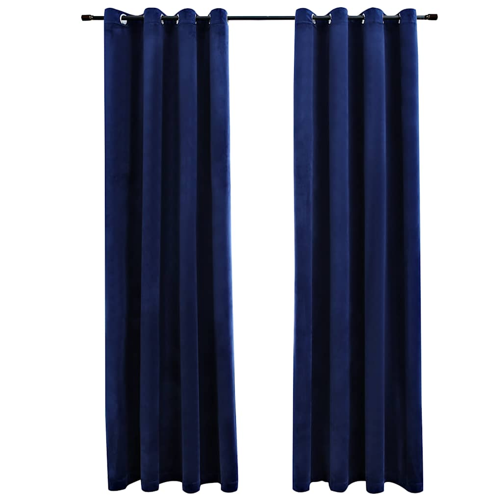 Dark Blue Velvet Blackout Curtains with Rings, Set of 2