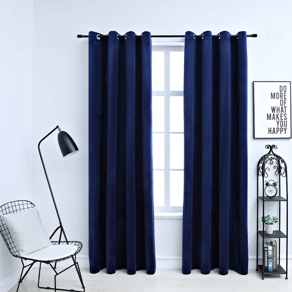 Dark Blue Velvet Blackout Curtains with Rings, Set of 2