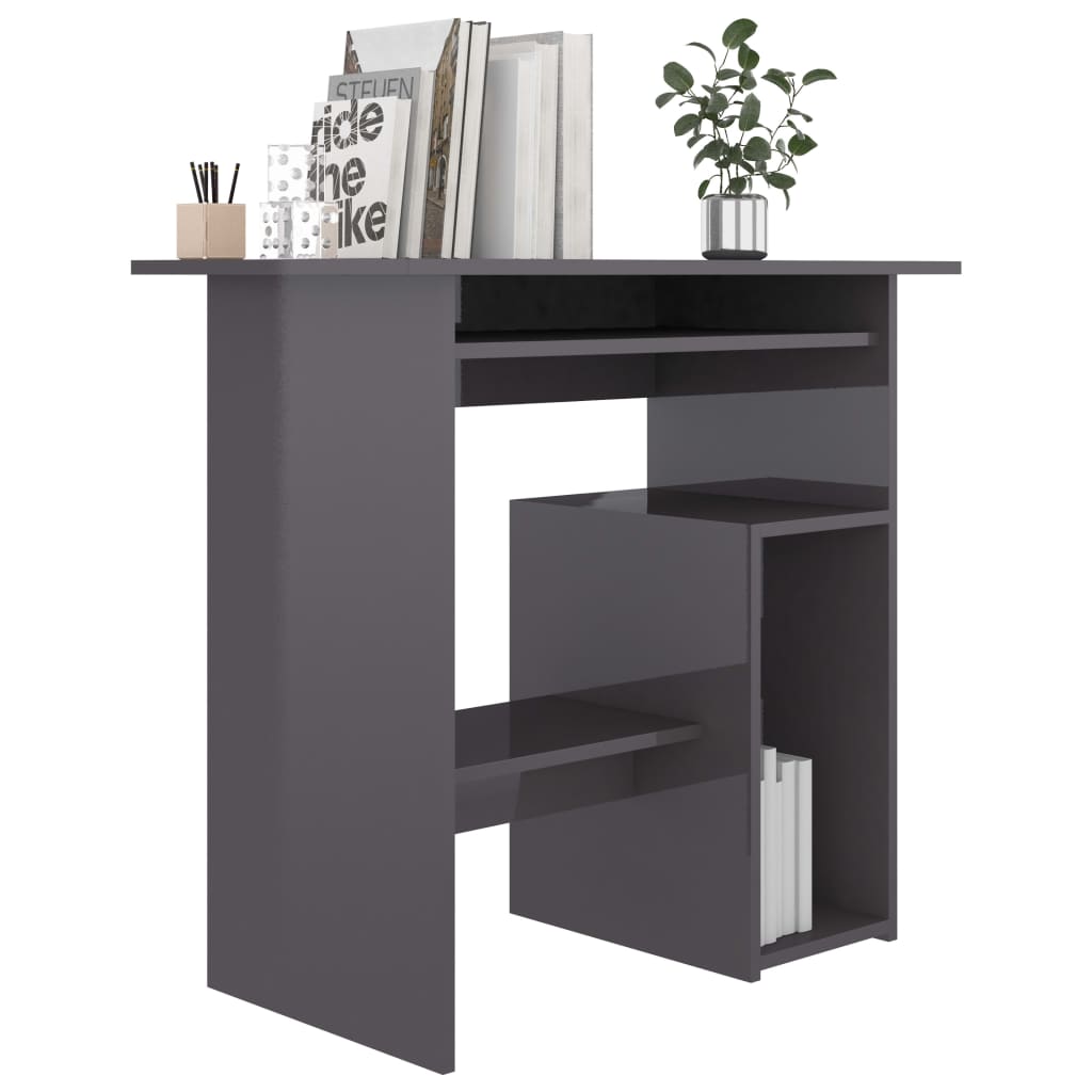 Modern Grey High Gloss Desk with Shelf | Compact Home Office