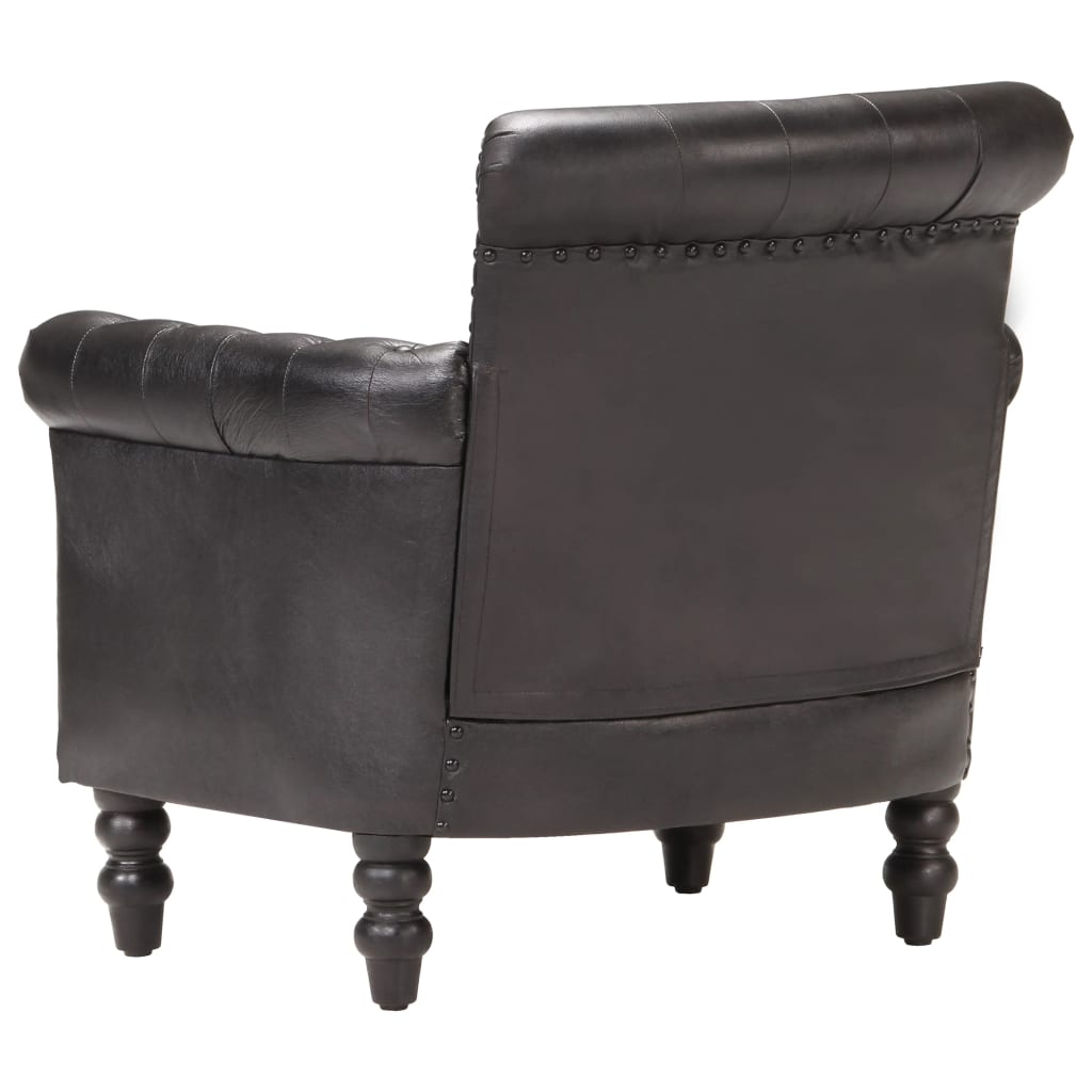 Vintage Black Goat Leather Armchair | Mango Wood Legs