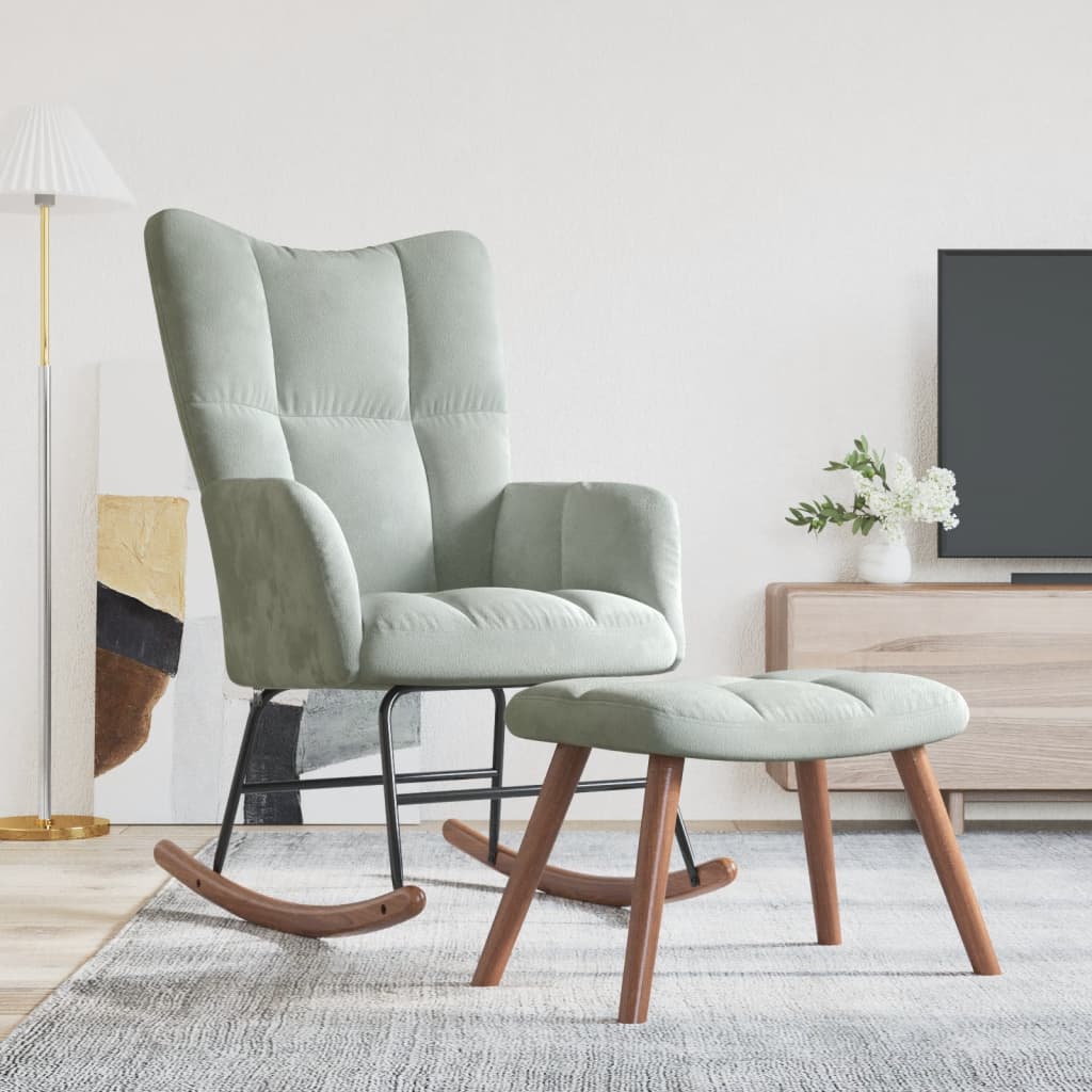 Elegant Light Grey Velvet Rocking Chair with Matching Stool