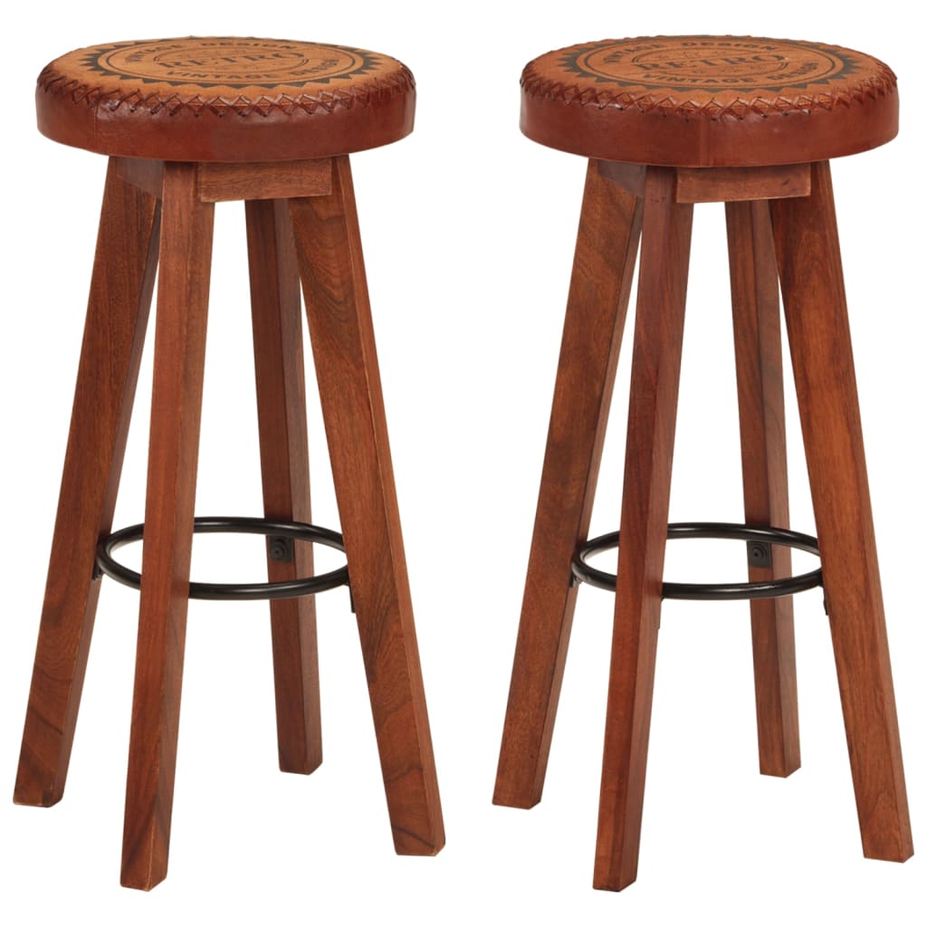 Bar Stools 2 pcs Real Leather and Solid Wood Acacia