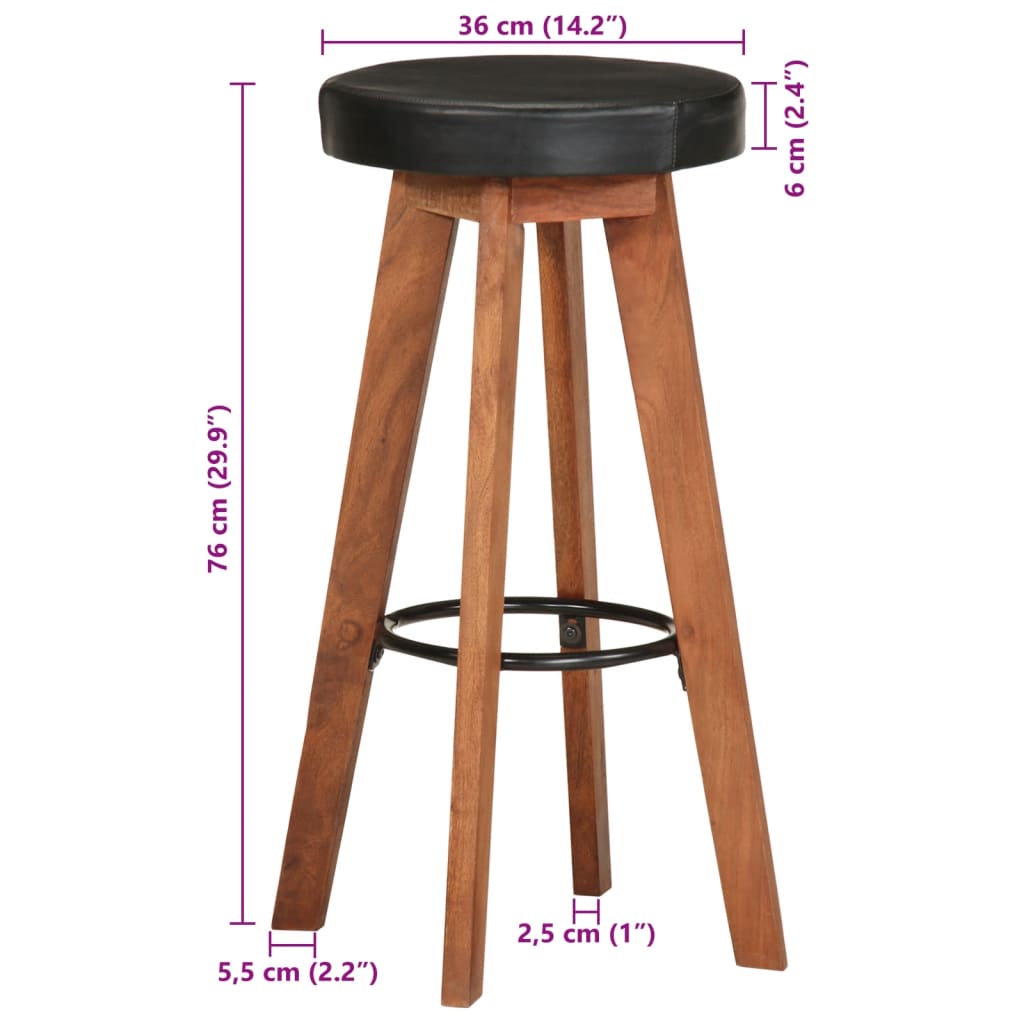 Bar Stools 2 pcs Real Leather and Solid Wood Acacia