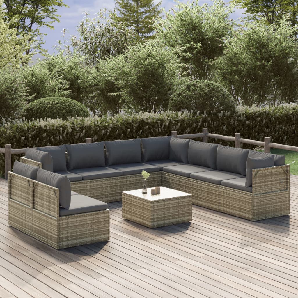 10 Piece Garden Lounge Set with Cushions Grey Poly Rattan