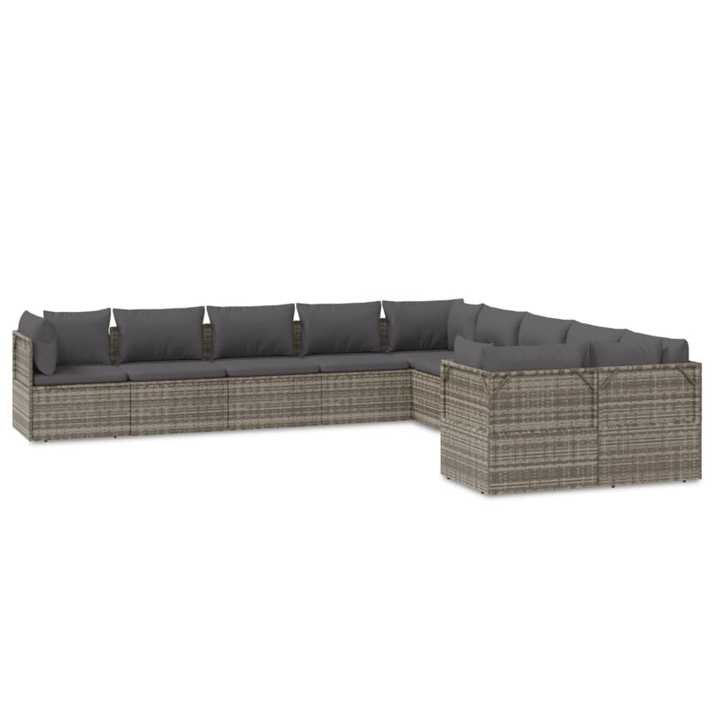 10 Piece Garden Lounge Set with Cushions Grey Poly Rattan