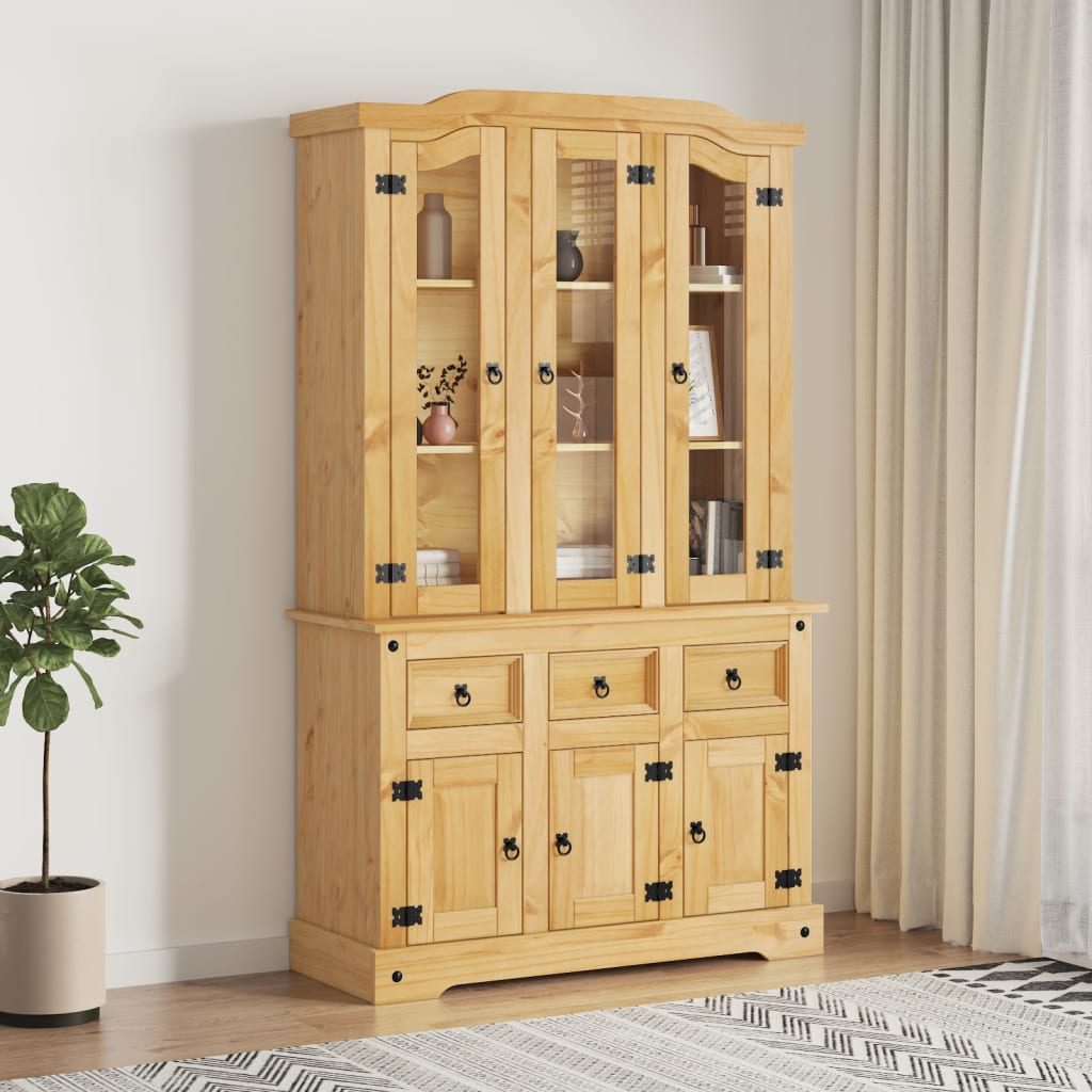 Corona Pine Wood Highboard with Hutch - Honey Finish