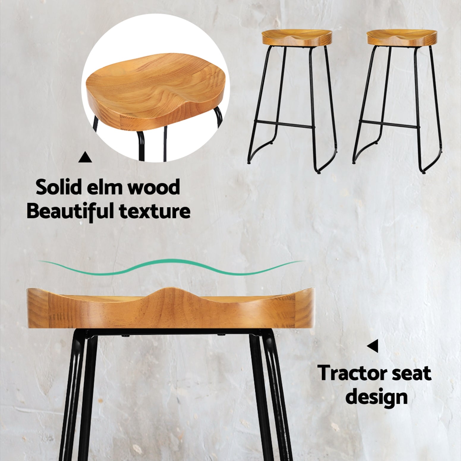 Industrial Tractor Seat Bar Stools | Set of 4 Wooden Elm Chairs