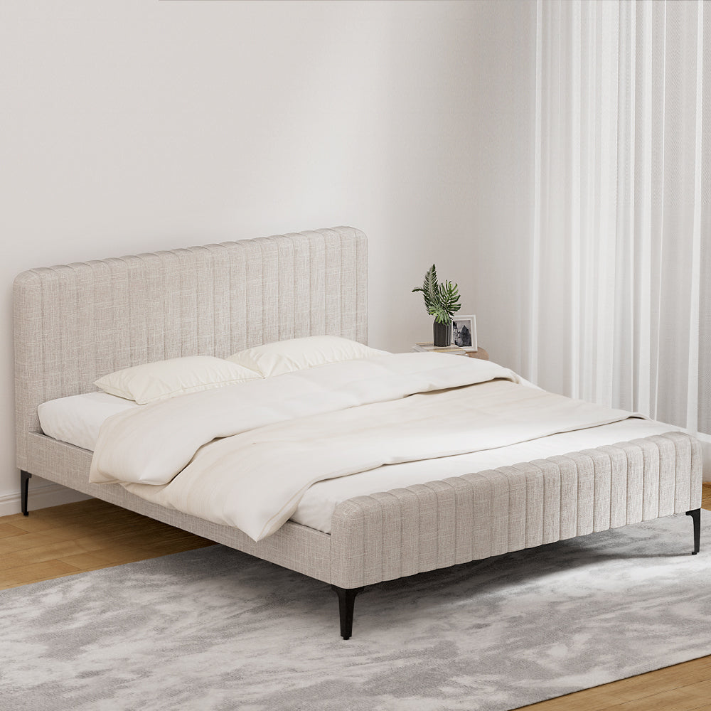 Artiss AMMY King Size Beige Fabric Bed Frame with Headboard