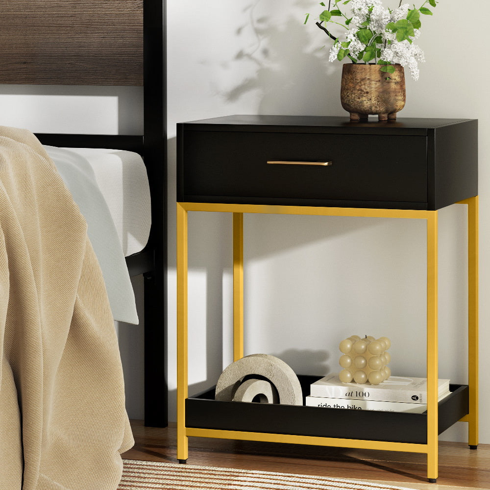 Artiss MASON Black Bedside Table with Gold Frame & Storage