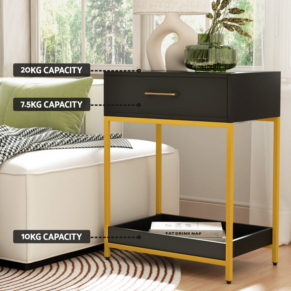 Artiss MASON Black Bedside Table with Gold Frame & Storage