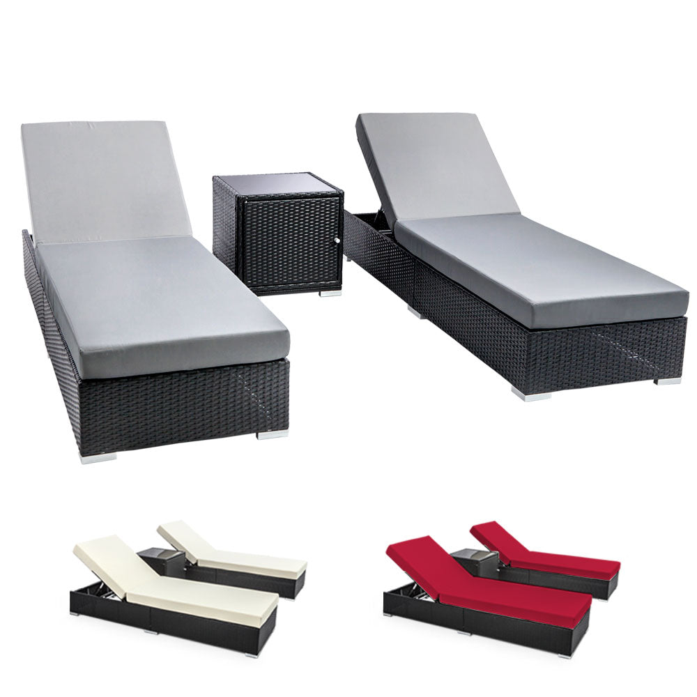 Gardeon 3 Piece Outdoor Wicker Sun Lounge Set with Storage Cube