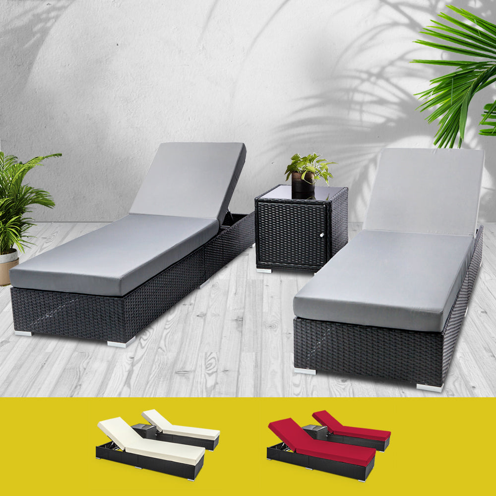 Gardeon 3 Piece Outdoor Wicker Sun Lounge Set with Storage Cube