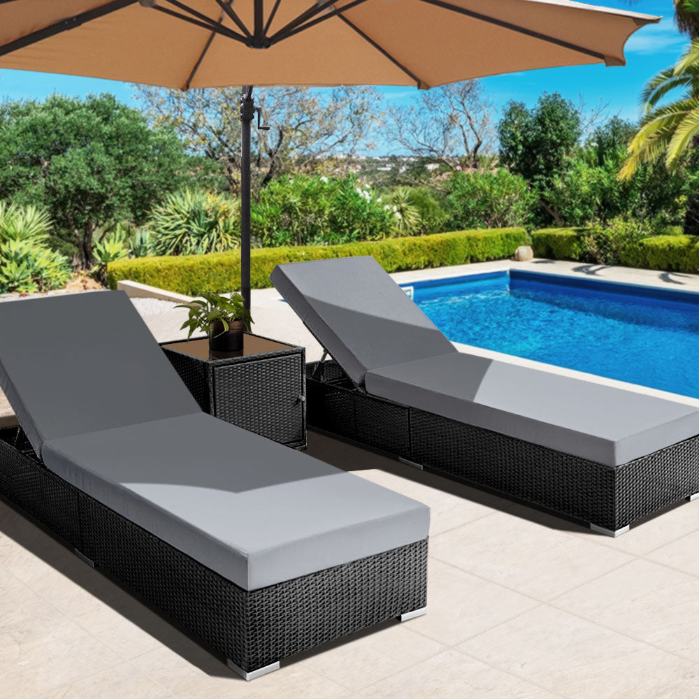 Gardeon 3 Piece Outdoor Wicker Sun Lounge Set with Storage Cube