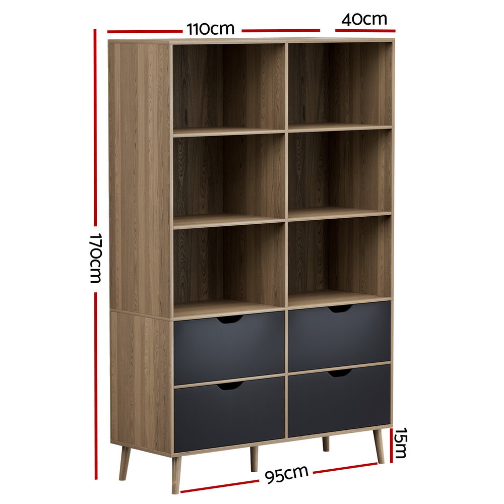 Artiss Oak & Blue Bookshelf with 4 Drawers | MITZI Display Shelf