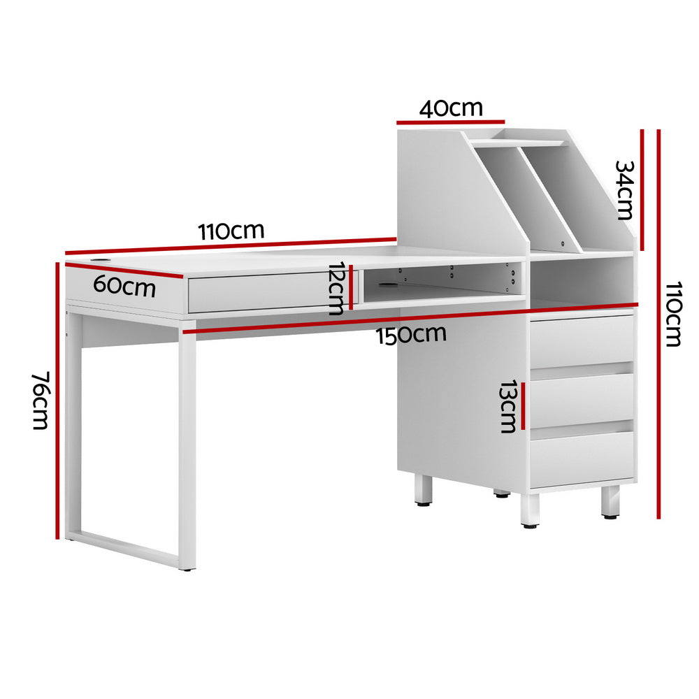 Artiss White Computer Desk with Drawers and Bookshelf