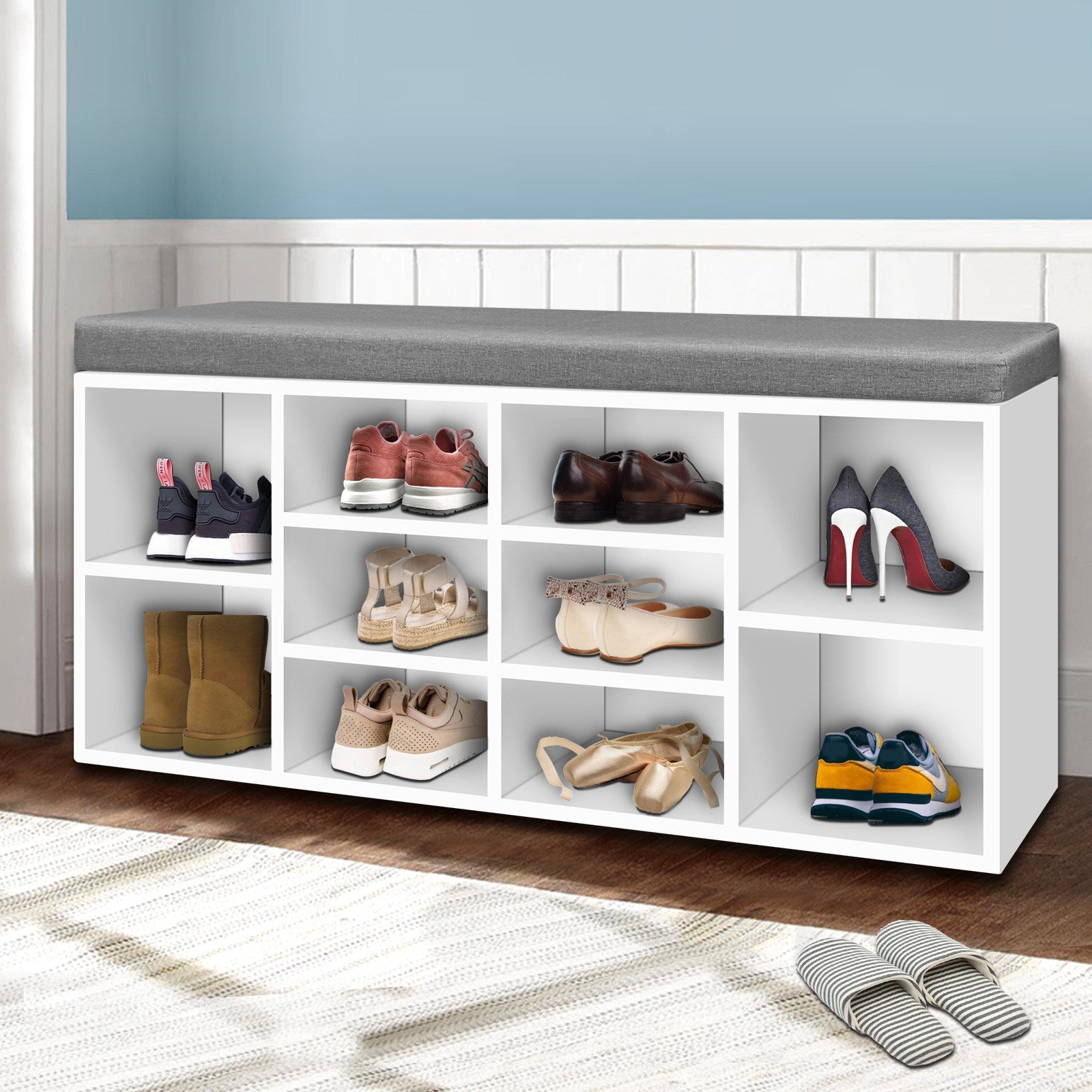 Artiss White Shoe Cabinet Bench with Fabric Seat | 10 Pairs