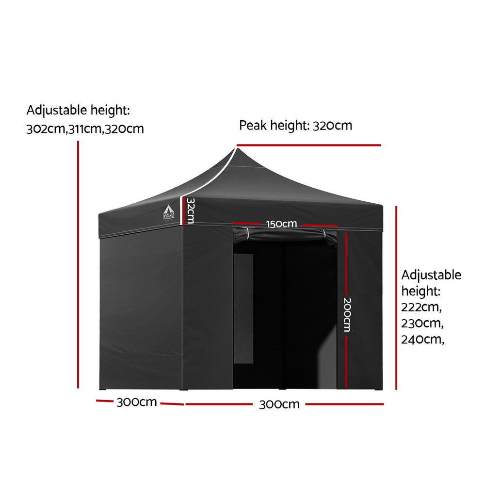 Instahut 3x3m Pop Up Gazebo Tent with Mesh Panel | Black