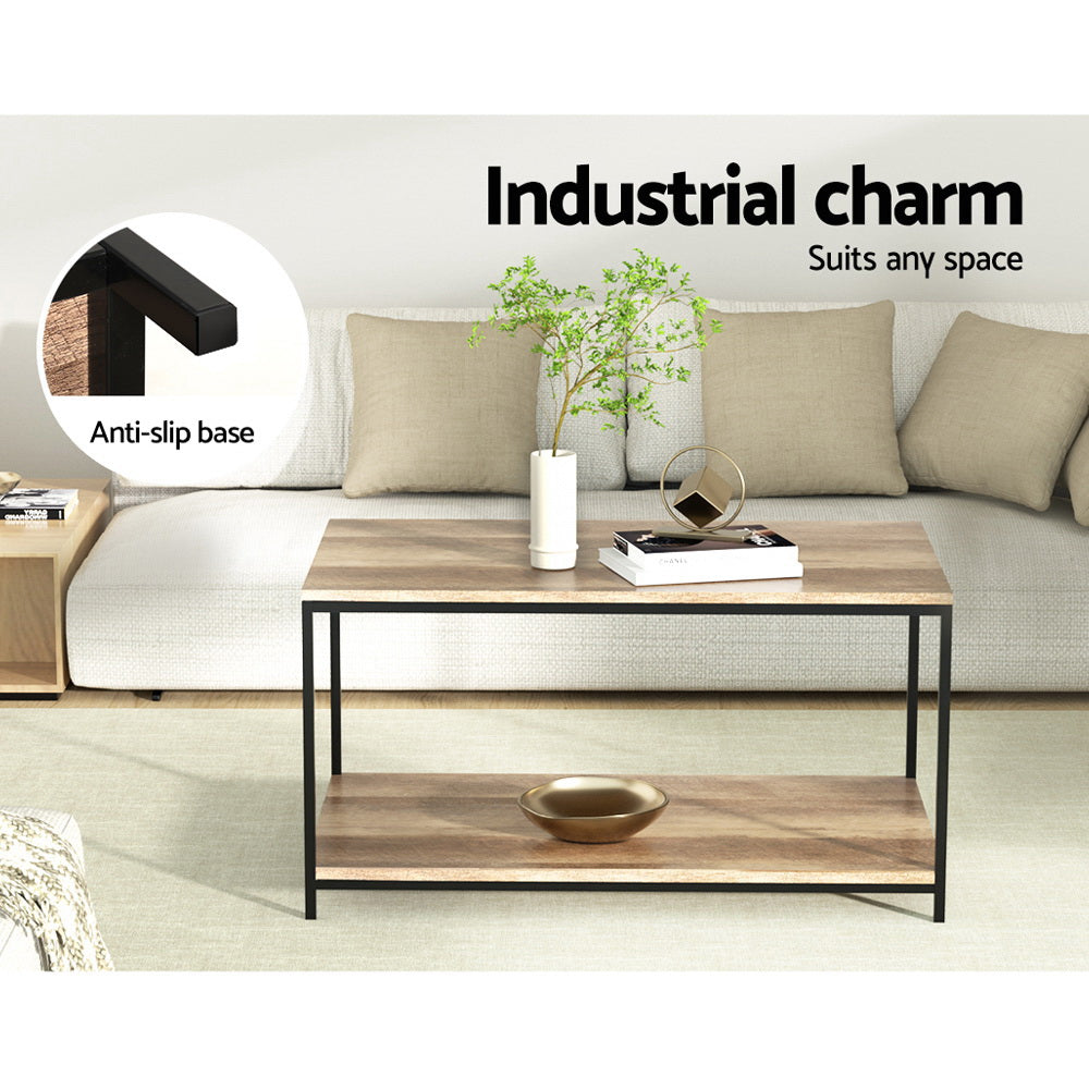 Artiss Industrial 2 Tier Coffee Table | Walnut & Black Metal