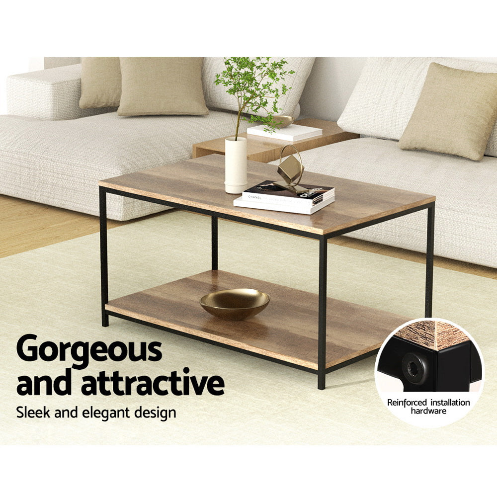 Artiss Industrial 2 Tier Coffee Table | Walnut & Black Metal