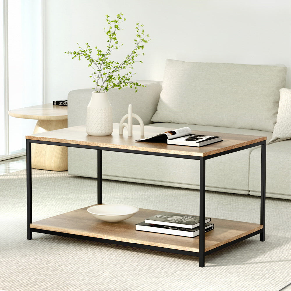 Artiss Industrial 2 Tier Coffee Table | Walnut & Black Metal