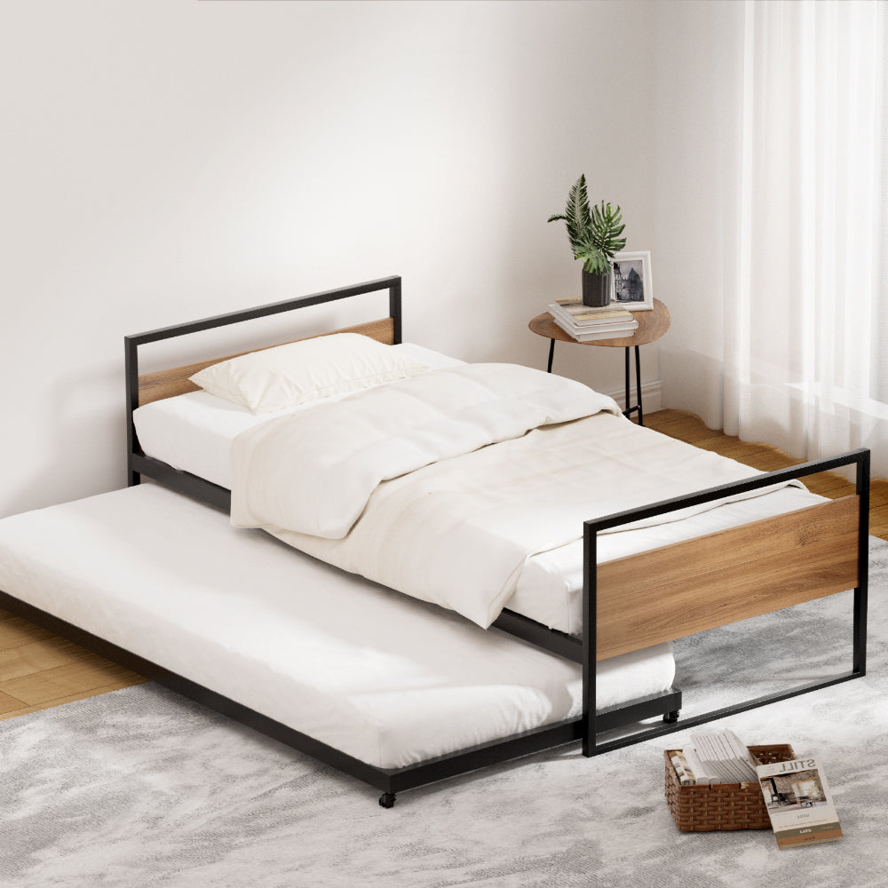 Artiss DEAN Single Metal Trundle Daybed Frame with Headboard