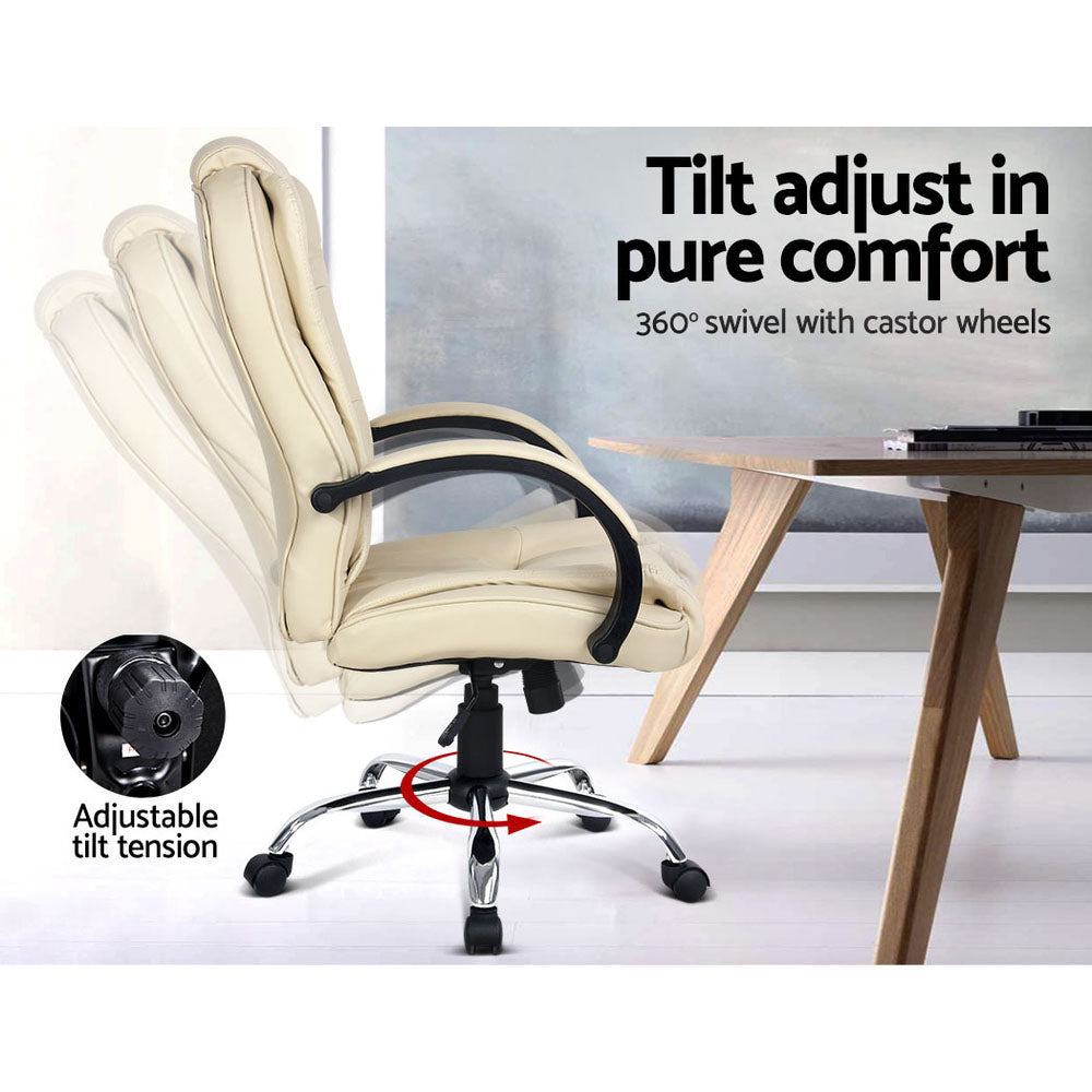 Artiss Executive Leather Office Chair | Beige Tilt Swivel