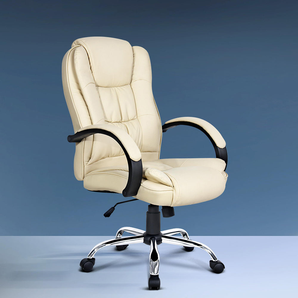 Artiss Executive Leather Office Chair | Beige Tilt Swivel