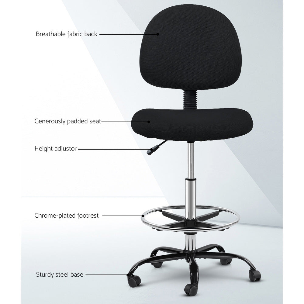 Artiss Black Fabric Drafting Chair with Adjustable Footrest