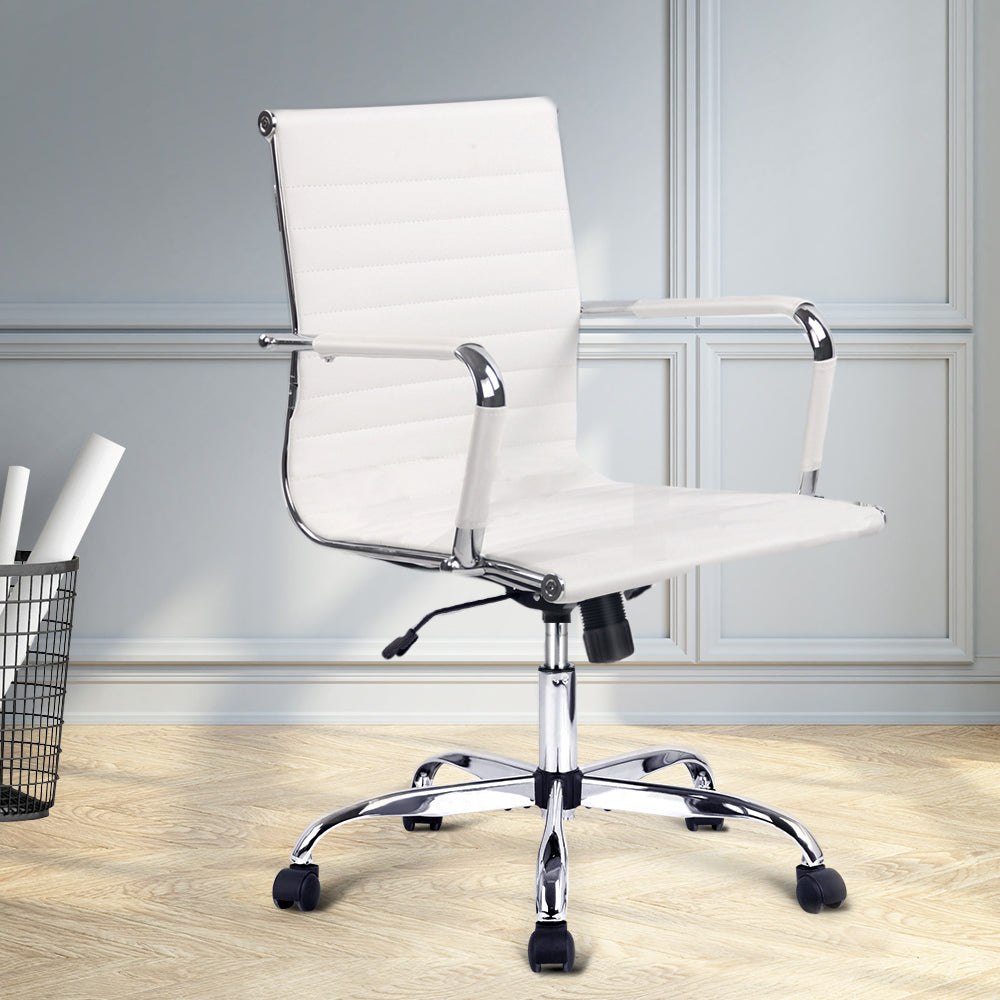 Artiss Mid|Back PU Leather Office Chair | White & Chrome